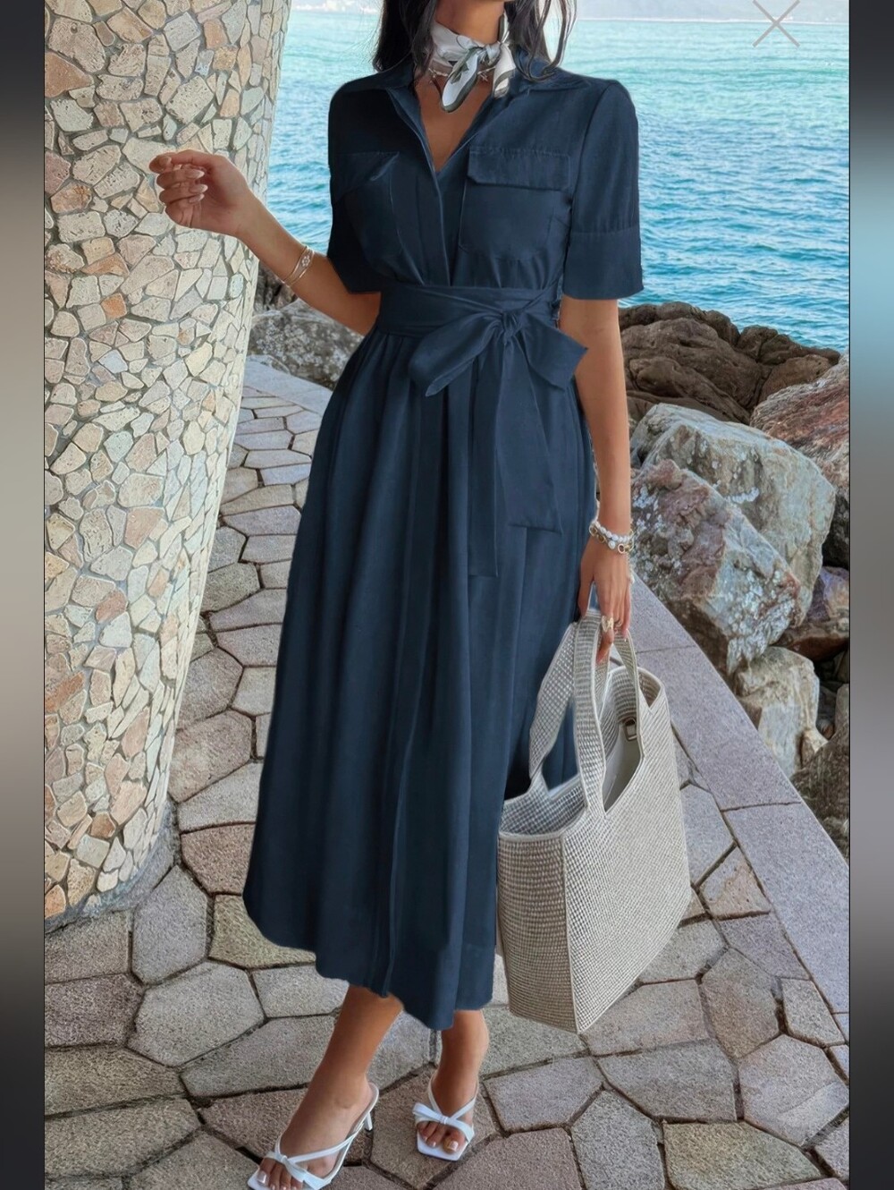 Elegant Navy Shirt-Waist Midi Fall Dress with Self-Tie Belt